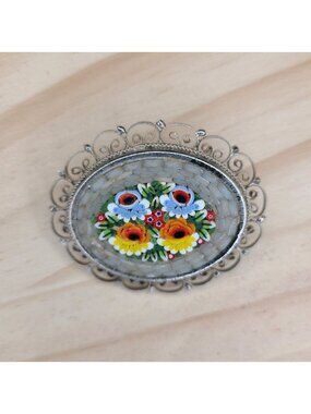 Vintage Italian Mosaic Brooch Silver Filigree Floral Design 1960s Oval Pin